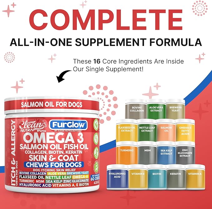 FurGlow Skin and Coat Supplement for Dogs Salmon Oil Omega 3 Fish Oil Turmeric Collagen Aloe Vera Flaxseed Oil Hyaluronic Acid Biotin Keratin Aloe Vera Allergy Relief Beef Flavor | Clean Nutra Pets