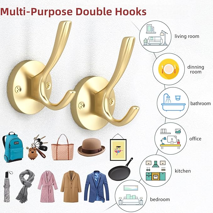 ZUONAI Gold Coat Hooks for Wall Decorative 8 Pack Heavy Duty Metal Hooks for Hanging Coats and Hat Hooks Wall Mounted Towel Hooks for Bathrooms