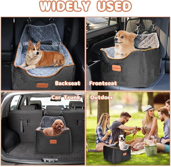 Memory Foam Booster Dog Car Seat with Washable Removable Cover, Elevated Pet Car Seat, Anti-Slip Sturdy Booster Seats for Small Dogs 35lbs, Seat Belt, Storage Pocket, Dog Blankets