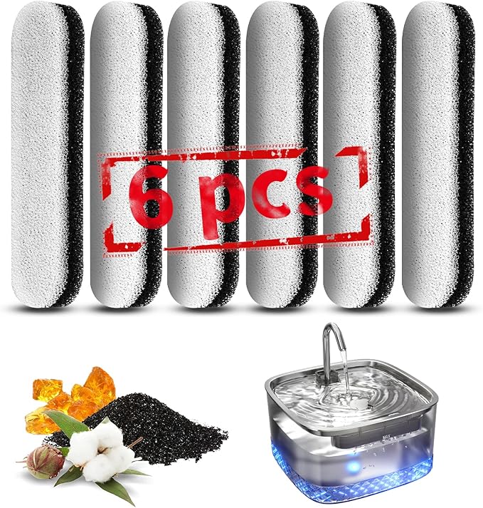 Cat Water Fountain Filters, 6 Packs/Box Replacement Filters for MAILOFY WF220 Automatic Cat Water Fountain 75oz/2.2L, Activated Carbon 3-layer Filtration to Purify Water and Remove Odors