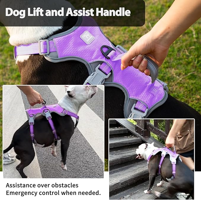 Huntboo Escape Proof Dog Harness, Escape Artist Harness, Reflective Harness with Padded Handle, Breathable, Adjustable Vest for Medium Dogs Walking, Training, and Running Gear (Lavender Purpled, M)