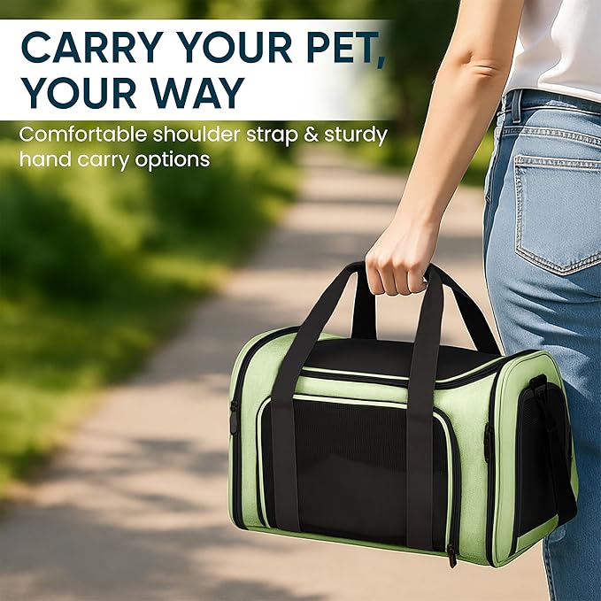 Pet Travel Carrier Bag – Airline Approved Soft-Sided Dog & Cat Carrier, Foldable, Breathable Mesh, Washable Pad – Fits Pets up to 15 lbs – The Pup Quartet (Green)