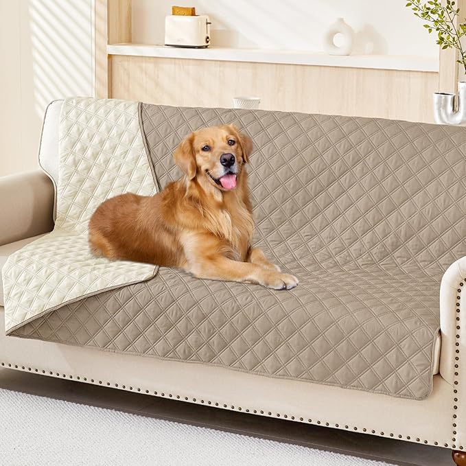 Smiry Waterproof Dog Bed Cover Pet Blanket, Soft Washable Dog Blanket for Furniture Bed Couch Sofa Reversible, Checkered (68"x82", Taupe/Beige)