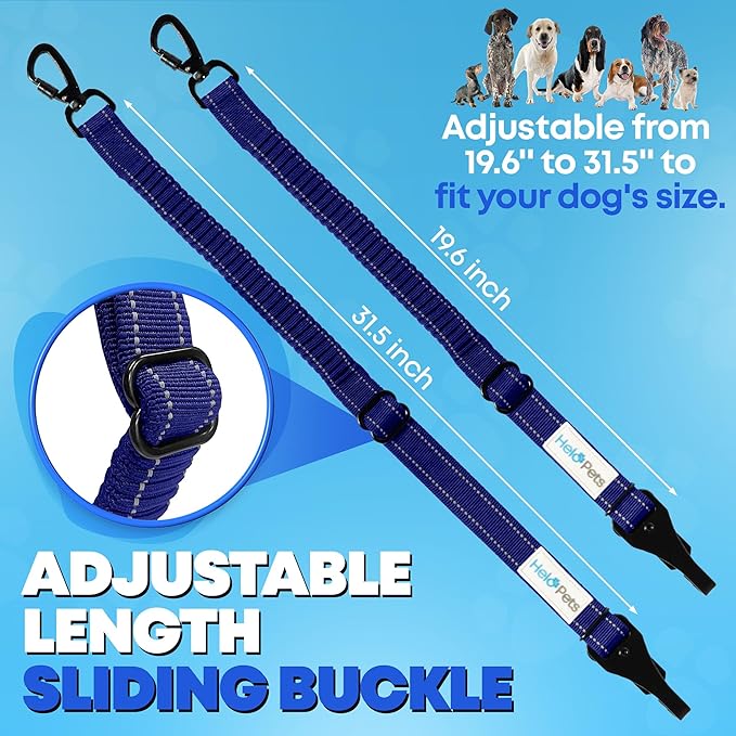 Dog Car Seat Belt 3-in-1 Adjustable Safety Seatbelt for Dogs in Car – Durable Extra Thick Nylon Webbing Bungee with Hook & Buckle Latch, Reflective Dog Harness (Blue).