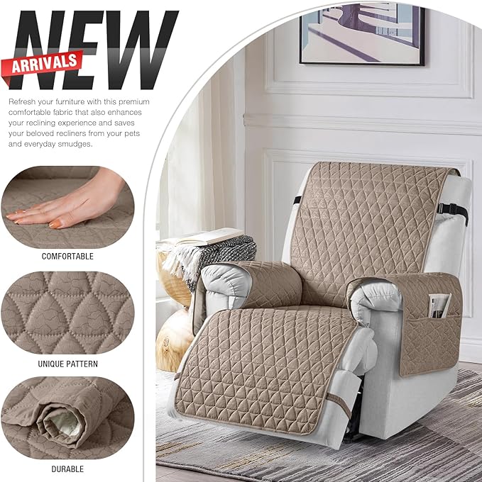 TAOCOCO 100% Waterproof Recliner Cover - Recliner Chair Cover with Non-Slip Granule, Elastic Band, Storage Pockets (Taupe, Large-28'')