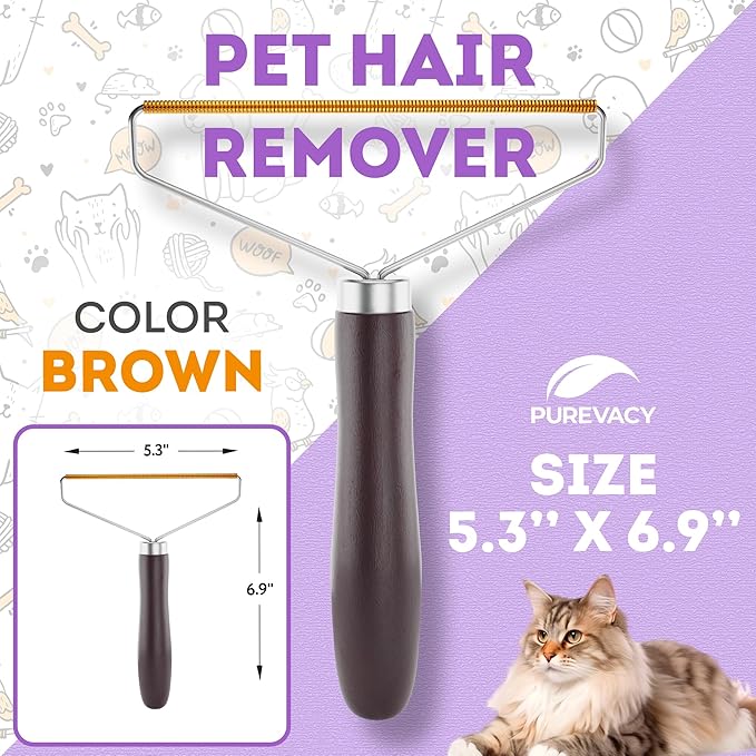 Pet Hair Remover for Furniture. Cat and Dog Fur Remover Tool. Reusable Lint Cleaner with Copper Teeth-Cutters and Wooden Handle. Metal Pet Hair Removal Tool for Carpet. Portable Couch Cleaner