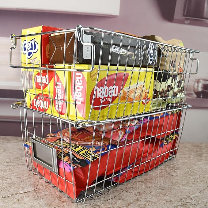 Orgneas Stackable Chest Freezer Baskets Organizer Bins, Metal Wire Baskets Pantry Organizer Vegetables and Fruits Baskets with Tag Slot for Potato Onion Storage