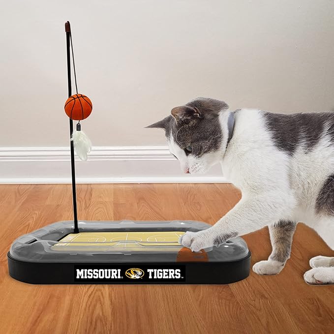 NCAA Missouri Tigers Basketball Court Scratcher Toy with Catnip Filled Plush Basketball & Feather Cat Toy Hanging, Jingle Bell Interactive Ball
