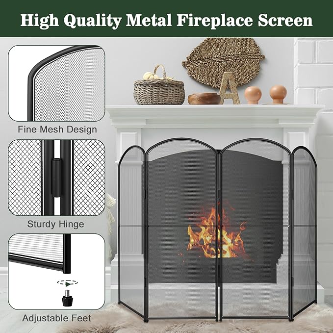 4-Panel Fireplace Screen, 47.8" W x 31" H Foldable Wrought Iron Fire Spark Guard, Decorative Metal Mesh Fireplace Cover for Living Room, Fire Cover for Baby,Pet Proof Safety Gate Black