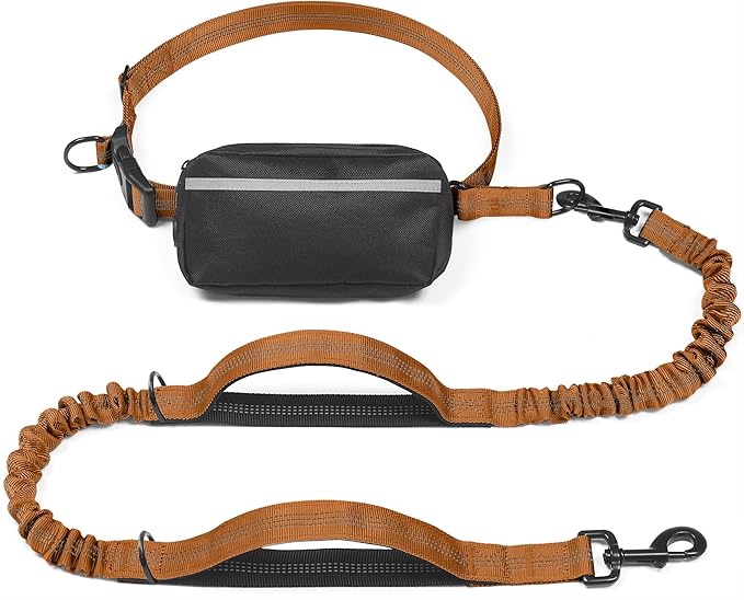 iYoShop Hands Free Dog Leash with Zipper Pouch, Dual Padded Handles and Durable Bungee for Walking, Jogging and Running Your Dog (Large, 25-120 lbs, Brown)