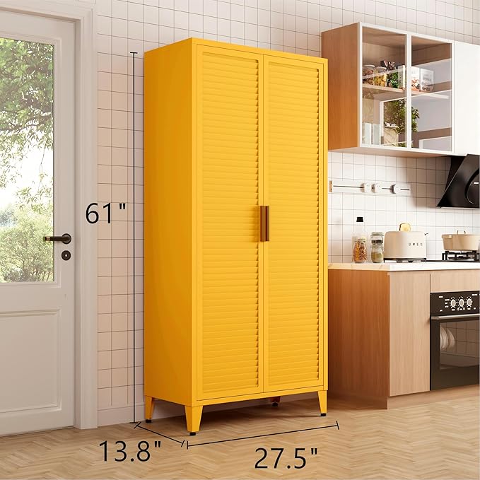 Pantry Cabinet with 3 Adjustable Shelves, 4-Tier Freestanding Kitchen Storage Organizer, Multi-Function Storage Unit for Kitchen, Living Room, Home, Yellow 61" H X 27.6" W X 13.8" D