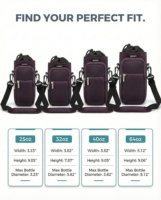 AUPET Water Bottle Sling Bag Sleeve Holder Carrier 25/32/40/64 oz,Insulated Crossbody Water Bottle Case Cover with Strap and Pockets for Men/Women Walking Hiking