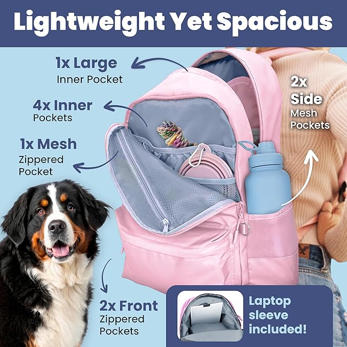 Dog Travel Bag for Supplies - Complete Doggy Diaper Bag Backpack - Ideal Gift for Dog Lovers, Doggy Moms for Christmas - Laptop Sleeve, 2 BPA-Free Bowls, Food Container, Treat Pouch: Dusty Pink