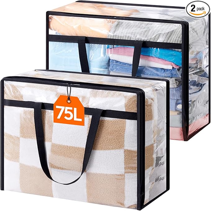 Lifewit 2 Pack Clear Clothes Storage Bags, 75L Large Plastic Blanket Storage, Vinyl Foldable Moving Bags with Zipper, Closet Organizers Containers for Comforter, Bedding, Duvet, Pillow