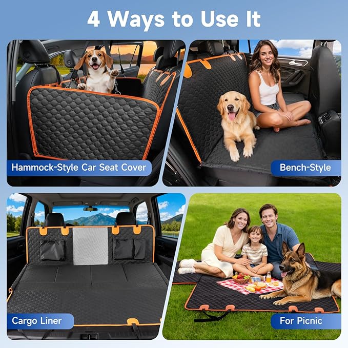 Dog Car Seat Cover for Back Seat Waterproof Oxford Fabric, Hard Bottom Seat Extender, Scratchproof, Anti-Slip, Dog Hammock for Car with Mesh Window, Fit Full Size Truck, Black Orange