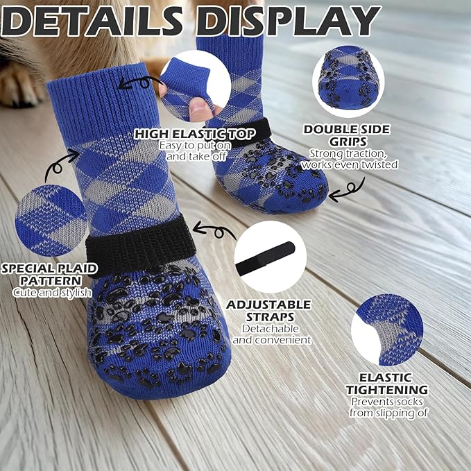 EXPAWLORER Dog Socks for Cold Winter Snow to Prevent Licking Paws, Anti Slip Doggie Booties Grippy Shoes for Hardwood Floors, Boots & Paw Protectors for Small Medium Large Senior Dogs Blue M