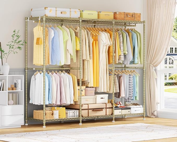 E14 Pro Heavy Duty Clothes Rack，Freestanding Clothing Racks for Hanging Clothes，Adjustable Closet Organizers and Storage，Metal Garment Rack with Shelves 69"W x16"D x77"H，Max Load 960LBS，Gold