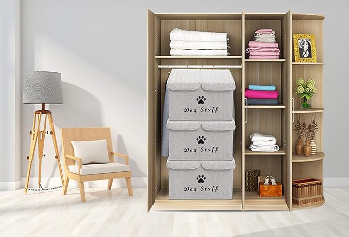 Dog toy box with lid dog storage organizer perfect basket for dog toys living room, playroom, closet, home organization and storage - Gray Stripe
