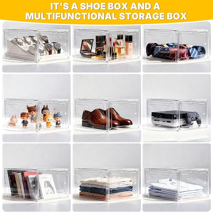 Stackable Clear Green Shoe Boxes 6 Pack with Magnetic Door, Drop Front Sneaker Storage Organizer for Closet, Large Transparent Plastic Shoe Storage Containers