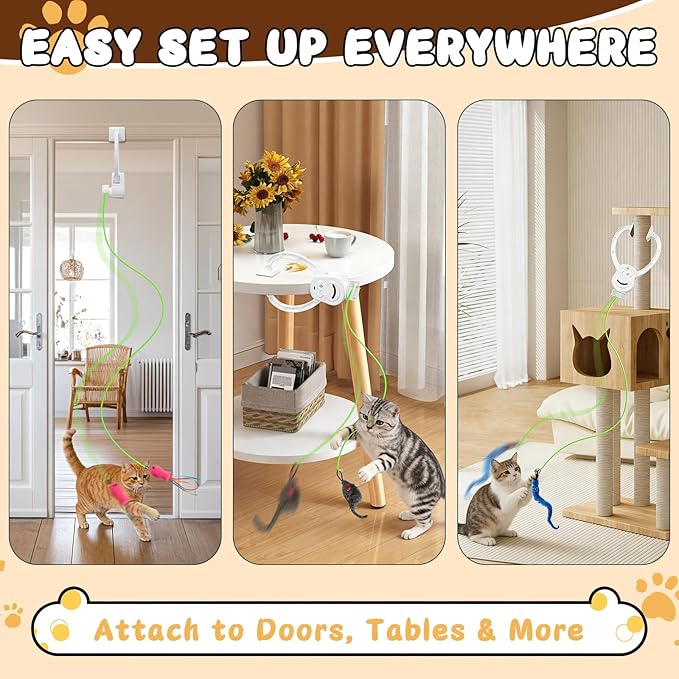 Automatic Cat Toy for Indoor Cats, Interactive Door Hanging Cat Toy with Smart Touch Restart, USB Rechargeable Cat Teaser with Elastic Rope, Adjustable Height Cat Toy for Kittens & Adult Cats (White)