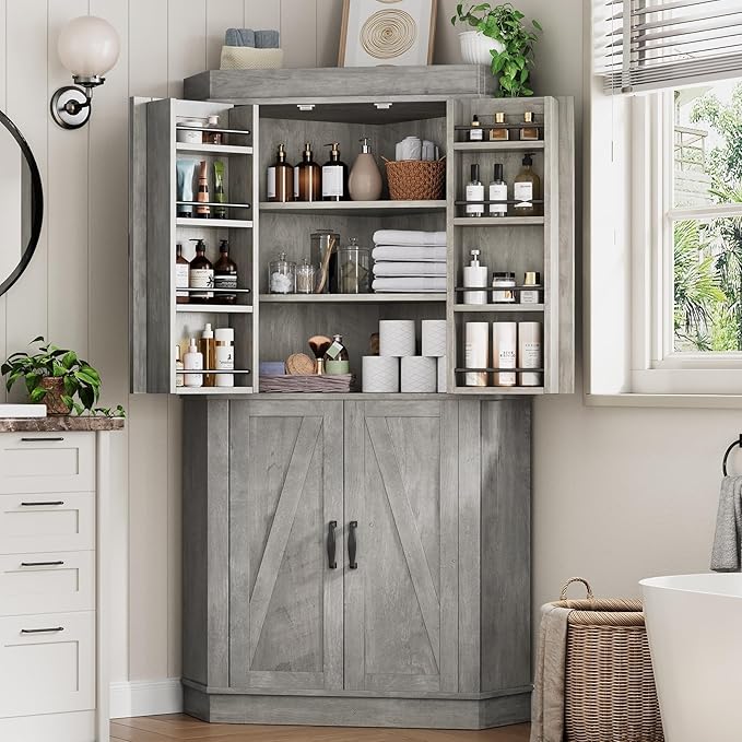 Corner Cabinet,71'' Kitchen Pantry Storage Cabinet with 4 Doors and Shelves, Tall Food Pantry Storage Cabinet Farmhouse Furniture for Kitchen Dining Room, Grey