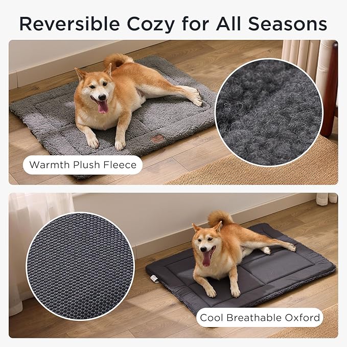 Reversible Dog Crate Pad Bed for Extra Large Dogs,Washable & Non-Slip Kennel Pet Mat, High Density Foam and Soft Fleece Cat Bed for Indoor & Outdoor Use, 48" x 30", Dark Gray