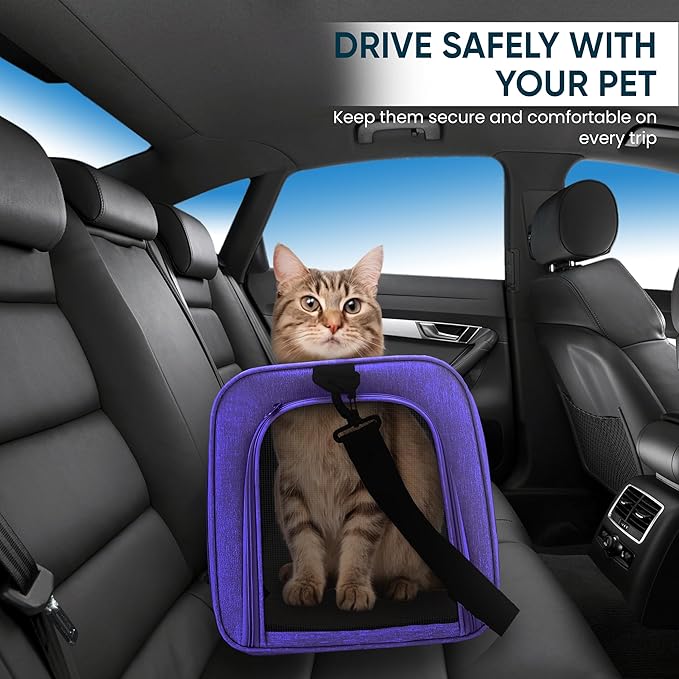 Pet Travel Carrier Bag – Airline Approved Soft-Sided Dog & Cat Carrier, Foldable, Breathable Mesh, Washable Pad – Fits Pets up to 15 lbs – The Pup Quartet (Purple)