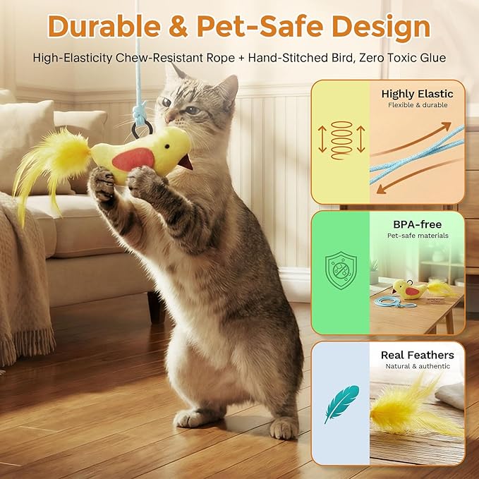 Interactive Cat Toys for Indoor Cats - 2 in 1 Automatic Laser Pointer Cat Toy with Feather Flying Bird，Smart Moving Mouse Wand Toy with 2 Modes, Auto On/Off Hanging Toys for Bored Kitten & Adult Cats