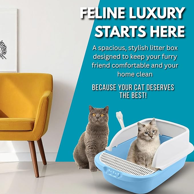 Large Open-Top Cat Litter Box with High Sides, Enclosed Scatter Shield Design, Easy Clean Plastic Litter Pan, Includes Scoop (Blue)