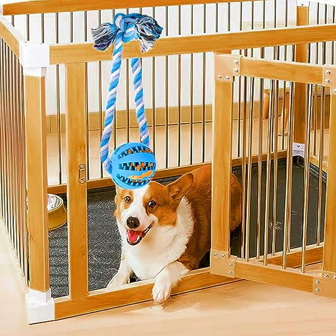 Interactive Dog Chew Toys Crate Training Aids for Puppies, Puzzle Treat Dispenser with Rope Dogs Toy Ball Reduce Stress Anxiety Peanut Butter Dog Food Treat Dispenser Toys (Blue)