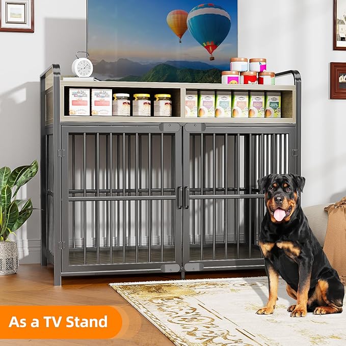 Large Dog Crate Furniture with Drawers Storage, Puppy Dog Kennel Indoor with Double Doors, Heavy Duty Wooden Dog Cage Table, Sturdy Metal, Gray