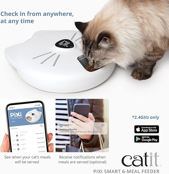 Catit PIXI Smart 6-Meal Feeder – Automatic and Customizable Feeding Schedule with App Support, White