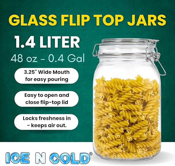 Airtight Glass Storage Jars with Clamp Lid – Food Storage Containers with Rubber Gasket Seal – Pantry & Kitchen Canisters for Dry Goods, Coffee, Sugar, Pasta – 0.4L to 4L Sizes (4, 48oz | 1.4L)