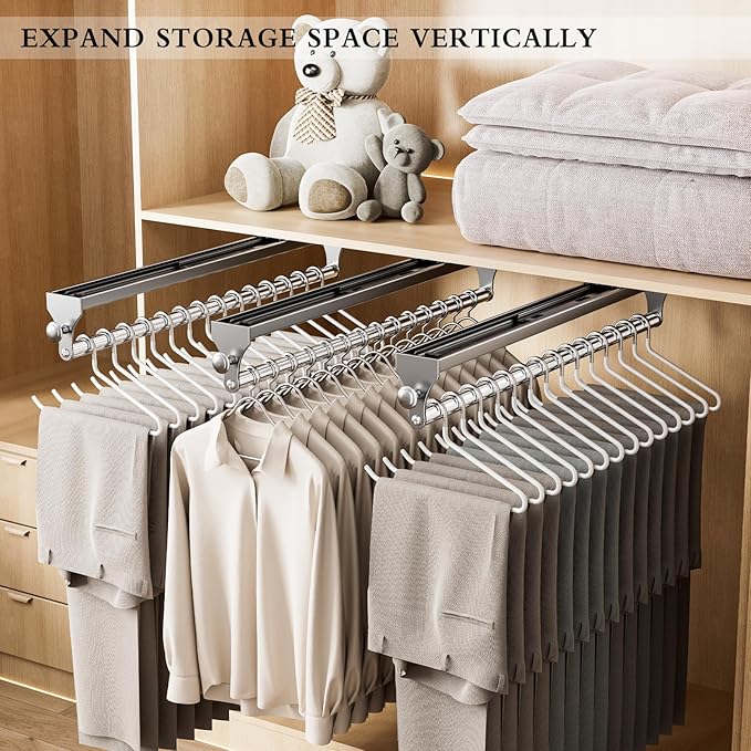 Pull Out Closet Rod, 15.7inch Heavy Duty Pants Rack, Adjustable Clothes Hanger Rail, Space Aluminum Valet Rod, Top Mounted Wardrobe Clothes Organizer, Closet Storage for Trousers Coats Gray