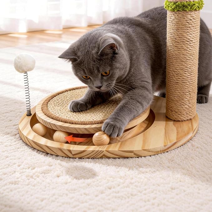 Cute Babys Breath Flower Cat Scratching Post, 39" Tall Cat Scratcher, Interactive Cat Toys with Ball Track & Spring Ball, Cat Scratch Post with Pad for Indoor Cats Adults and Kittens
