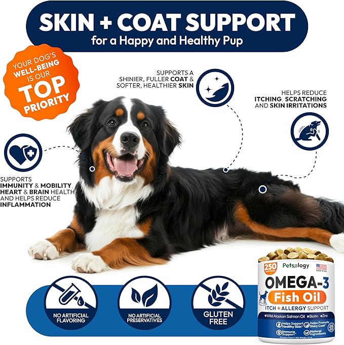 Omega 3 for Dogs - 250 Fish Oil Chews for Dog Shedding, Allergy & Itch Relief, Hot Spot Treatment - Advanced Skin & Coat Supplement - Joint Health - EPA & DHA Fatty Acids - Salmon Oil & Probiotics