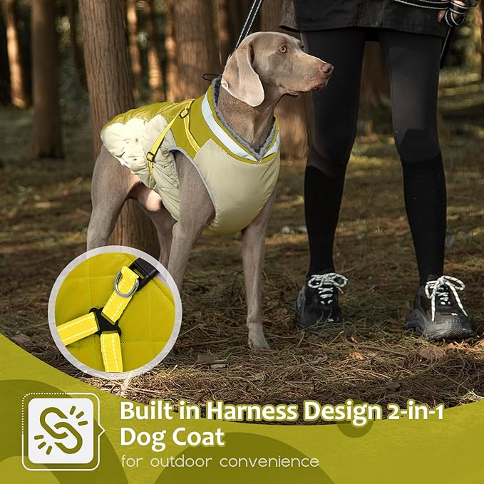 Dog Winter Coat with Harness, Dog Jacket, Pet Clothes with Zipper on Back, Waterproof Windproof Warm Vest, Reflective Cold Weather Coats, for Small Medium Large Dogs, Thick, Green, 3XL