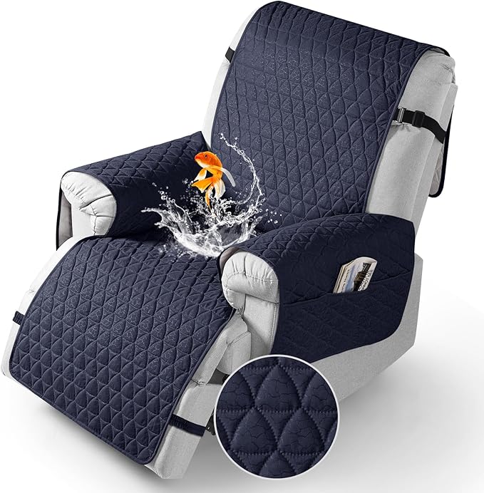 TAOCOCO 100% Waterproof Recliner Cover - Recliner Cover with Non-Slip Granule, Recliner Chair Covers with Elastic Band, Recliner Chair Covers for Reclining Chair(Dark Blue, Small-22'')