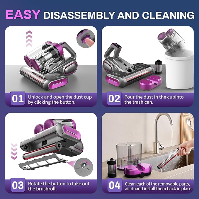 Cordless Mattress Vacuum Cleaner, 16Kpa Bed Vacuum with 253.7nm UV-C Light & Ultrasonic Tech, HEPA Filter, Portable Handheld Vacuum for Bed Sofa Couch Crib & Pet Hair (Purple)
