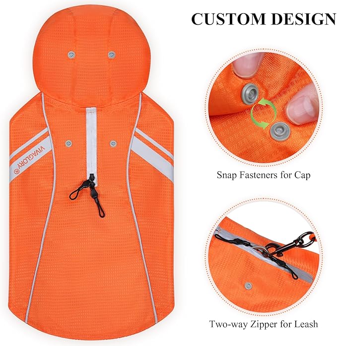 VIVAGLORY Wetoff Dog Raincoat, Rain Coat for Dog All Seasons Adventure, Rain Jacket with Harness Hole & Hood, Reflective Lightweight Waterproof for Doggy & Puppy, L, Orange