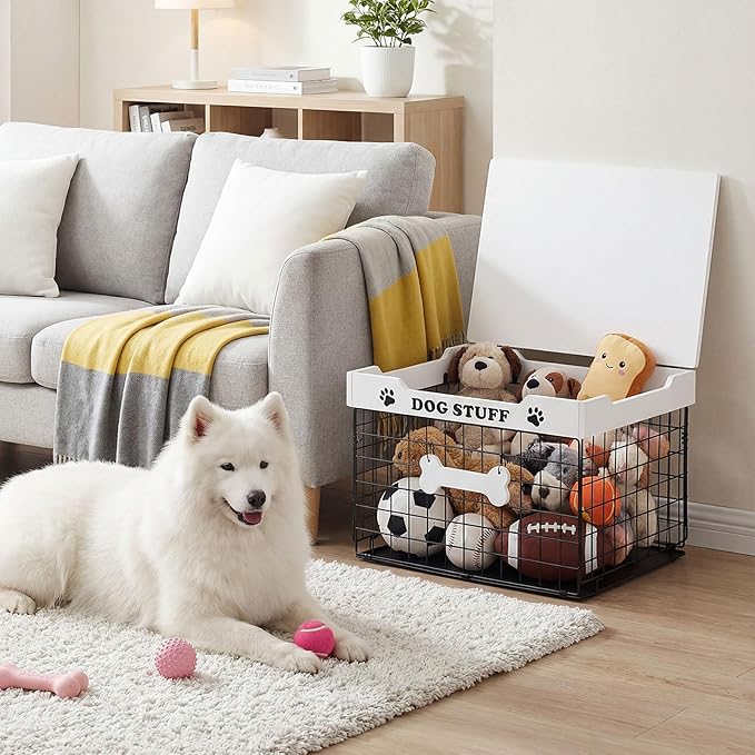 Dog Toy Bin Basket with Lid, 15.4'' Large Metal Dog Toy Storage Box with Bone Handle, Organizer Chew for Living Room, Farmhouse Food Storage Organizer for Leash Chew Blankets Clothes(White)