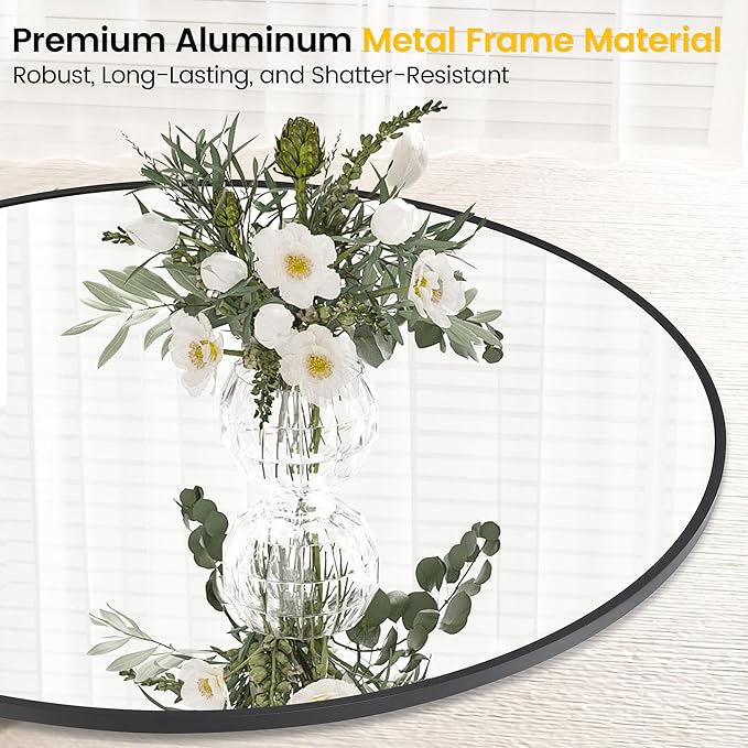 GarveeHome Large Round Mirror, 36 in Aluminum Alloy Circle Frame, High Definition Eco-Friendly Black Round Bathroom Mirror for Over Sink, Wall Mirror for Entryway, Bathroom, Vanity