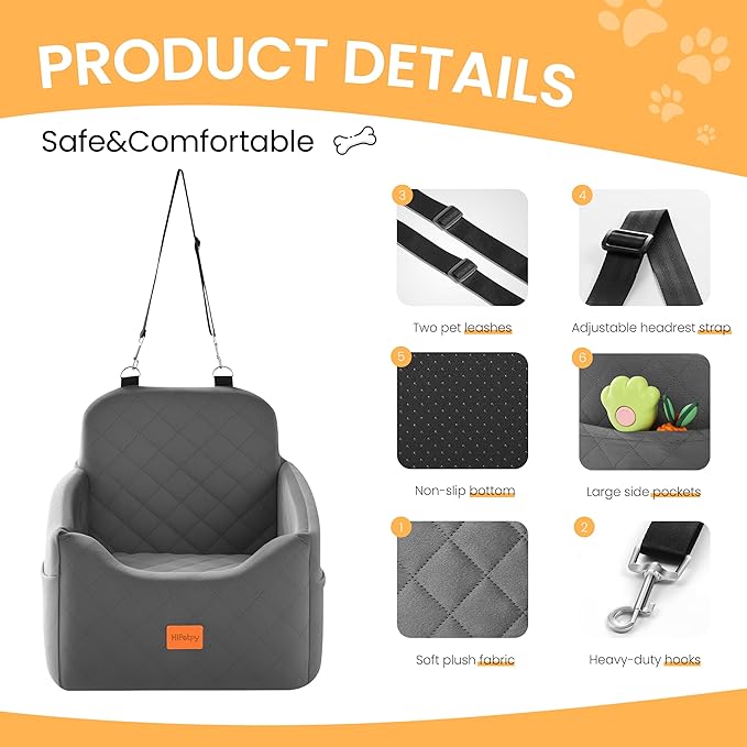 Dog Car Seat for Small Dog, Booster Seat for Dogs Under 30lb, Elevated Pet Seat with Pockets, Anti-Slip Bed for Car, Perfect for Front & Back Seats with Safety Leash (Grey, Medium)