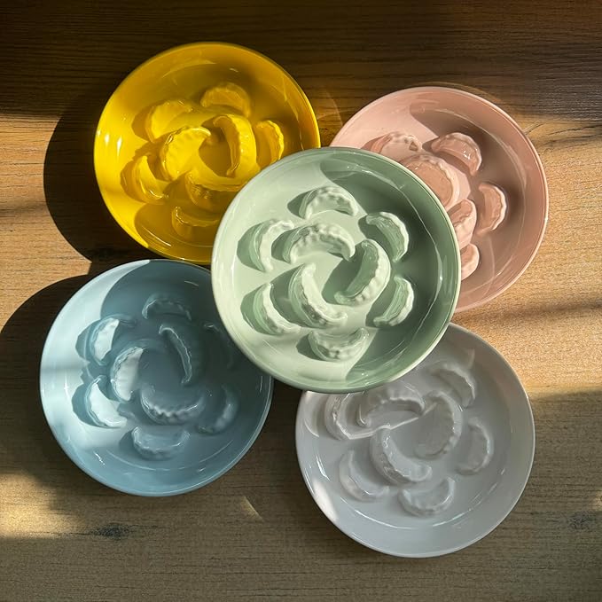 Slow Feeder Bowl for Cats and Small Dogs - Set of 3 Melamine Puzzle Cat Plates for Wet & Dry Food- Whisker Friendly & Dishwasher Safe & Non Slip Design (Blue + Green +White *3, 6.3''W)