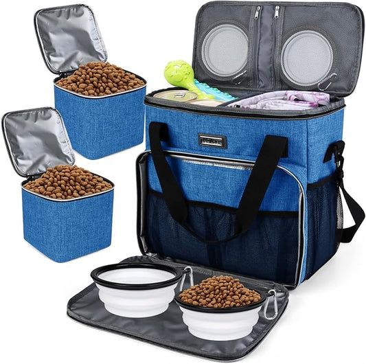 BAGLHER Dog Travel Bag, Pet Travel Bag (ALL Pet Travel Supplies), With 2 Pet Food Containers and 2 Collapsible Silicone Bowls; Essential Kits for Pet Travel Blue