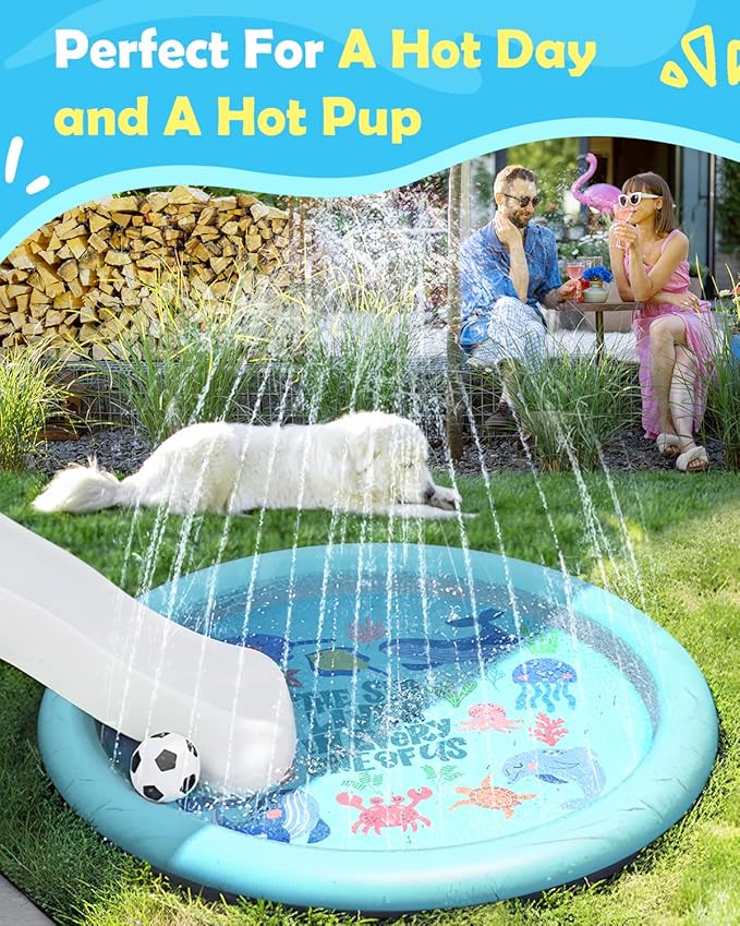 Peteast Anti-Slip Ocean-Themed Splash Pad for Kids and Dogs - 67in 0.58 mm Thicken Sprinkler Dog Pool for Summer Outdoor Water Toys - Fun Backyard Play Mat for Children and Pets