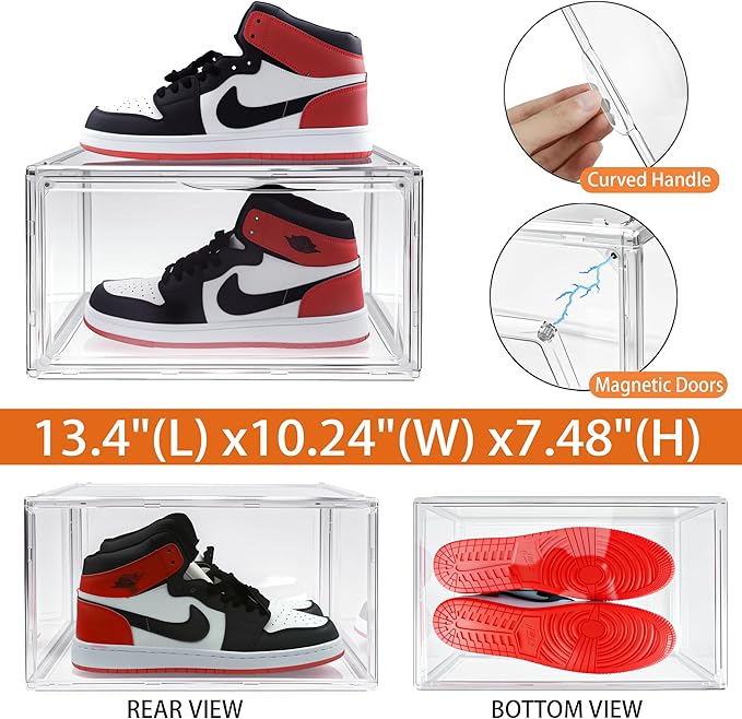 12 Pack Acrylic Sneakr Shoe Display Case, Size 12.5 Shoe Storage Boxes Clear Stackable Purse Handbag Organizer Under Bed Storage Bins with Magnetic Lids