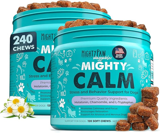 Mighty Paw Calming Chews for Dogs with Melatonin 2 Pack - Sleep Aid Waggables Calm (Made in USA) - Puppy & Large Dog Treats - Composure Dog Calming Chews for Stress & Relaxation, 240 Count