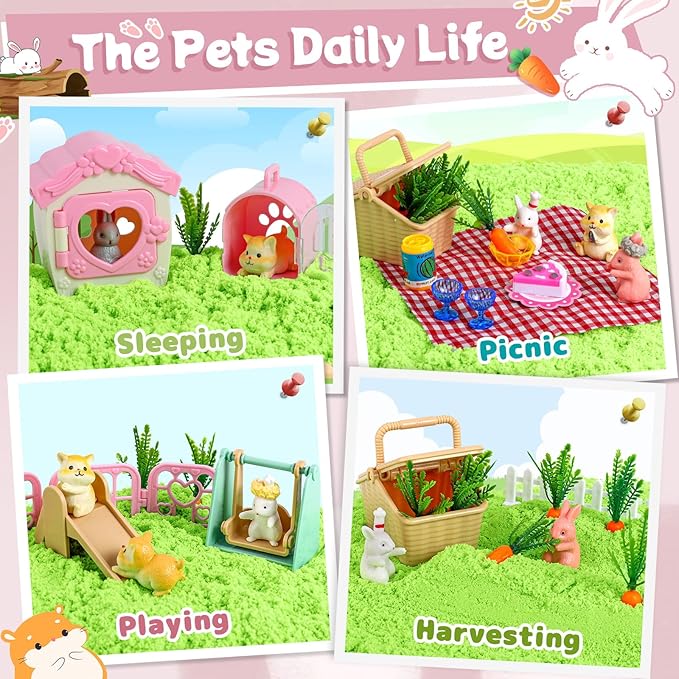 Rabbit and Hamster Sensory Bin,Play Sand Kit for Girls and Boys with 2.2lbs Sensory Sand and Box,Pet Sandbox Toys Role Pretend Play Beach Toy Birthday Present for Toddler Ages 3 4 5 6 7 8