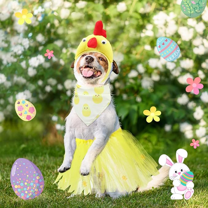 6 Pcs Adjustable Dog Easter Costumes Include Bunny Ears and Chick Headband Dog Bandana Easter Collar Tulle Tutu for Small Medium Pet Birthday Holiday Party Accessories